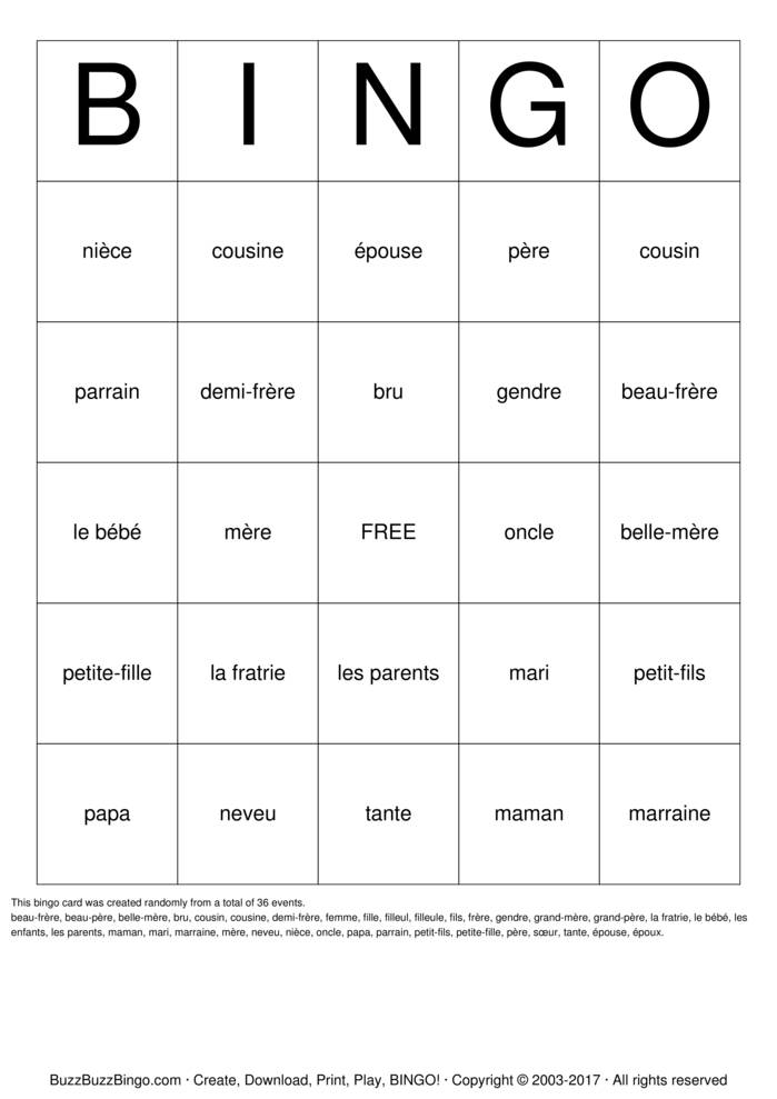 Download Free French Family Words Bingo Cards