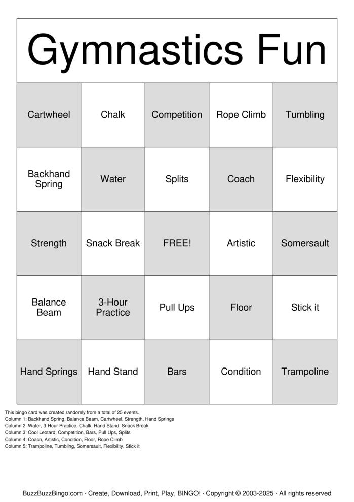 Download Free Gymnastics Bingo Cards