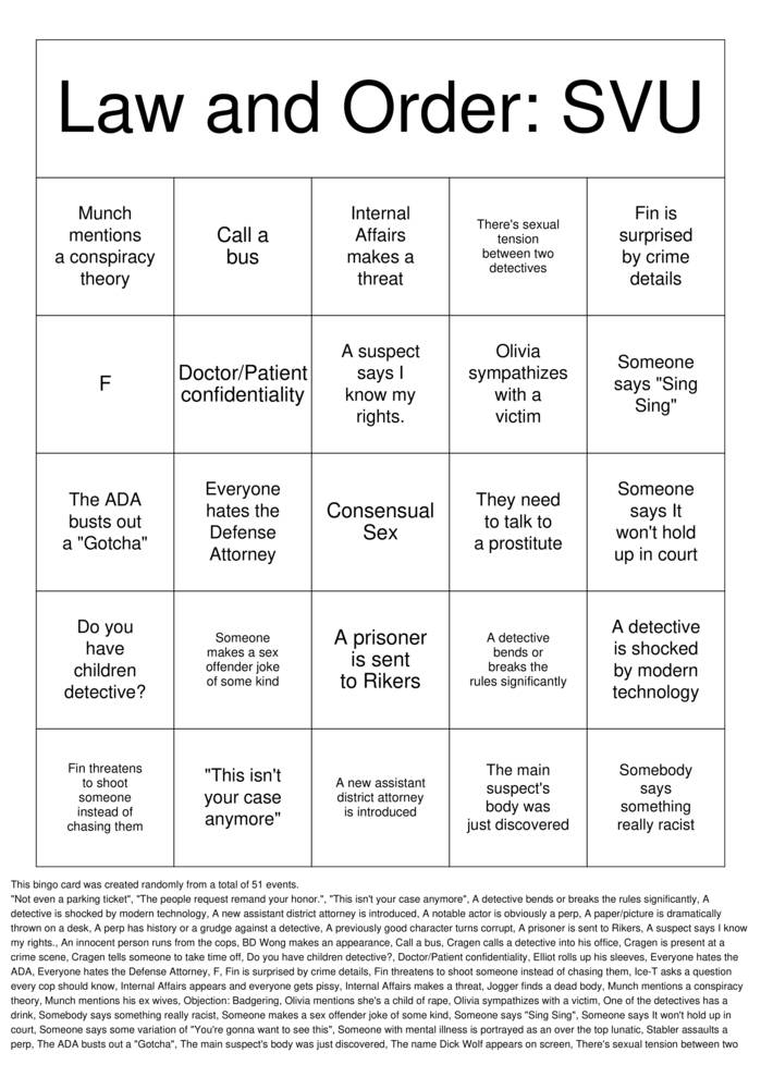 Law & Order: SVU Bingo Cards to Download, Print and Customize!