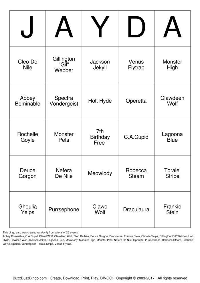 Monster High Bingo Cards to Download, Print and Customize!