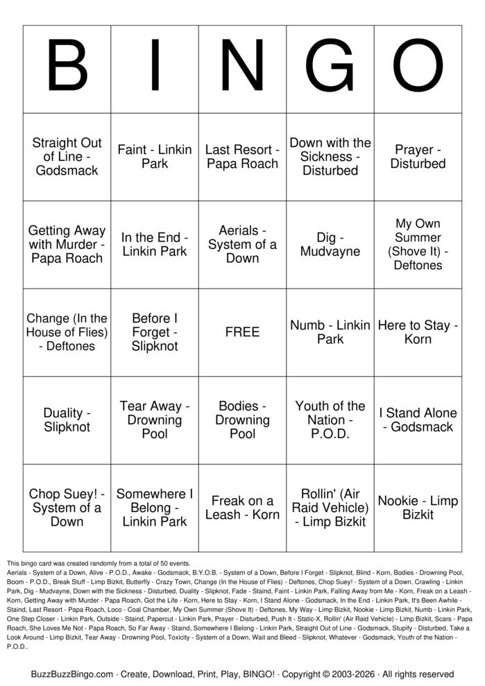 Download Free Nu Metal Top 50 Bingo Cards Download Free Nu Metal Top 50 Bingo Cards