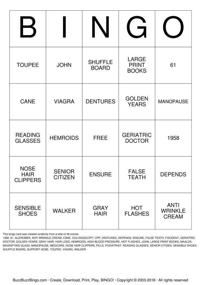Over The Hill Bingo Cards to Download, Print and Customize!