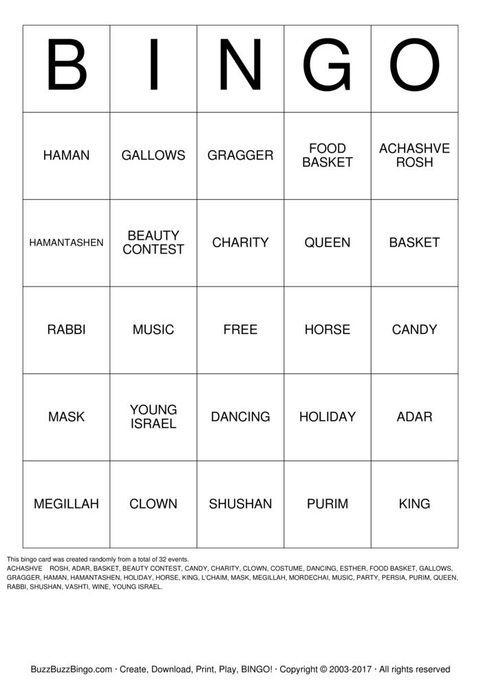 Download Free PURIM Bingo Cards Download Free PURIM Bingo Cards