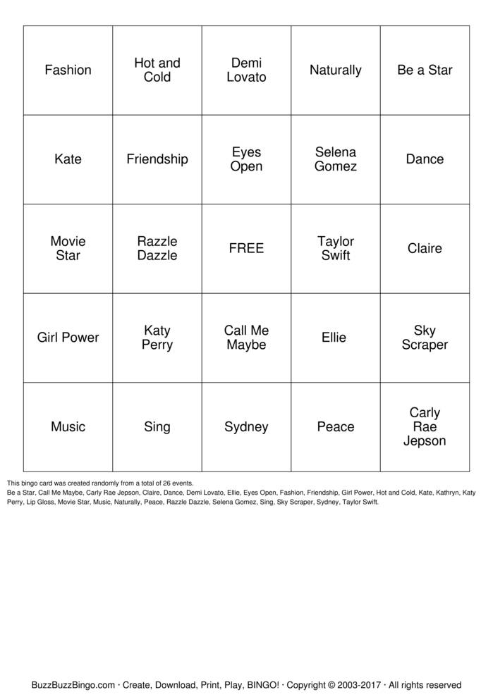 Download Free Pop Star Bingo Bingo Cards