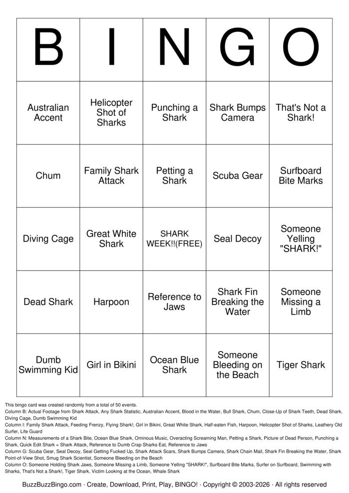 Download Free SHARK WEEK BINGO Bingo Cards