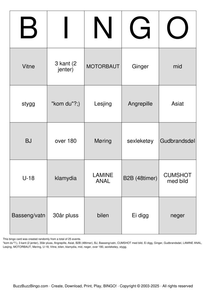 Download Free Sex Act Bingo Bingo Cards