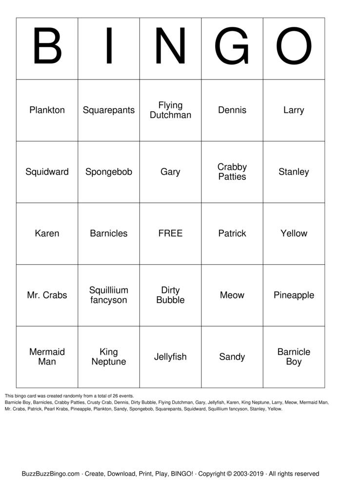 Download Free SpongeBob bradley center Bingo Cards Download Free SpongeBob bradley center Bingo Cards