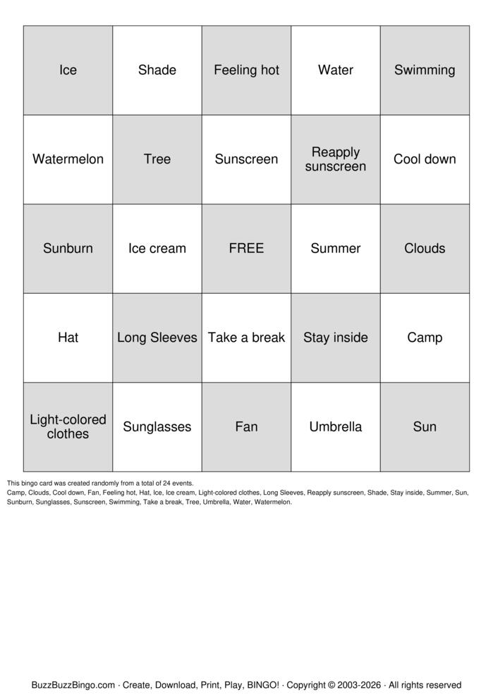 Download Free Sun Safety bingo Bingo Cards