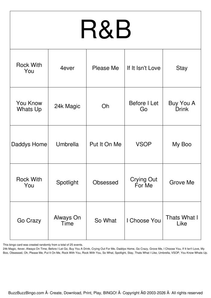 Download Free THE GARAGE R&B BINGO Bingo Cards Download Free THE GARAGE R&B BINGO Bingo Cards