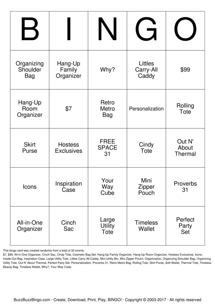 Download Free Thirty One Bingo Cards