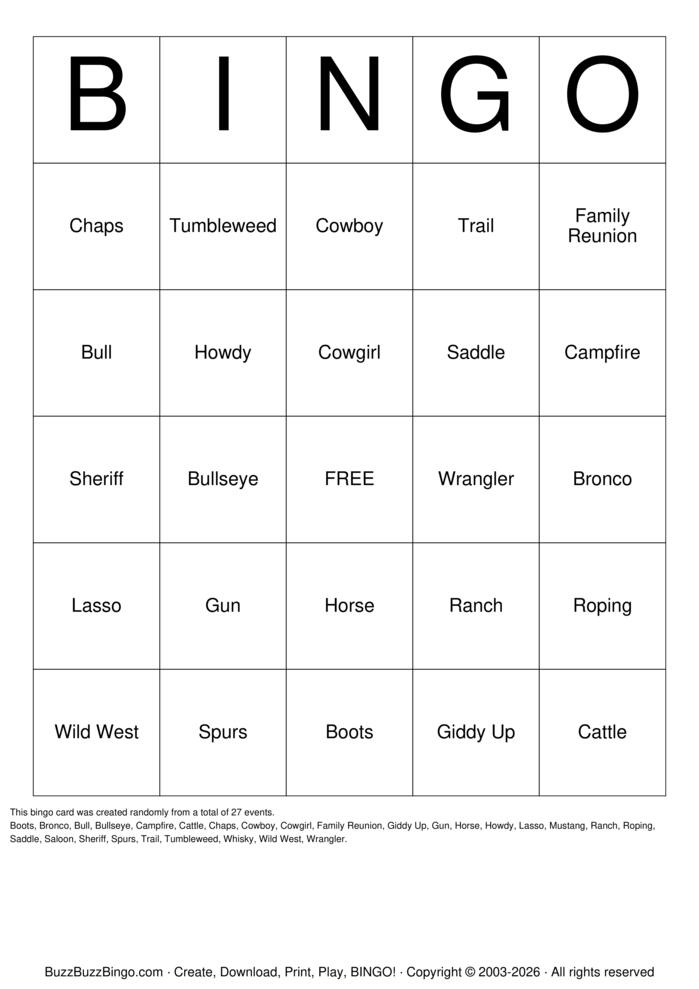Download Free Western Round-Up Bingo Cards