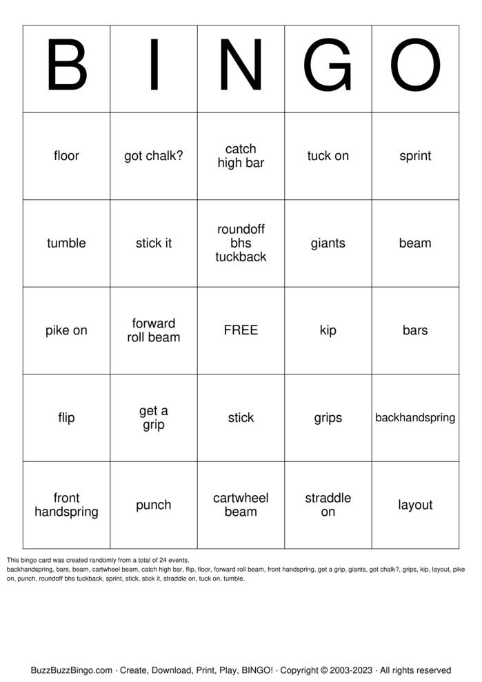 Download Free gymnastics Bingo Cards Download Free gymnastics Bingo Cards