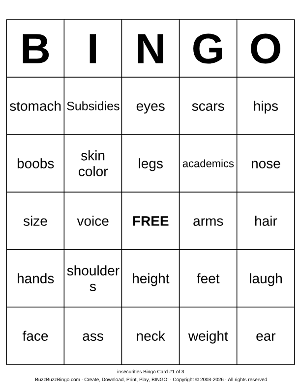 insecurities Bingo Cards to Download, Print and Customize!
