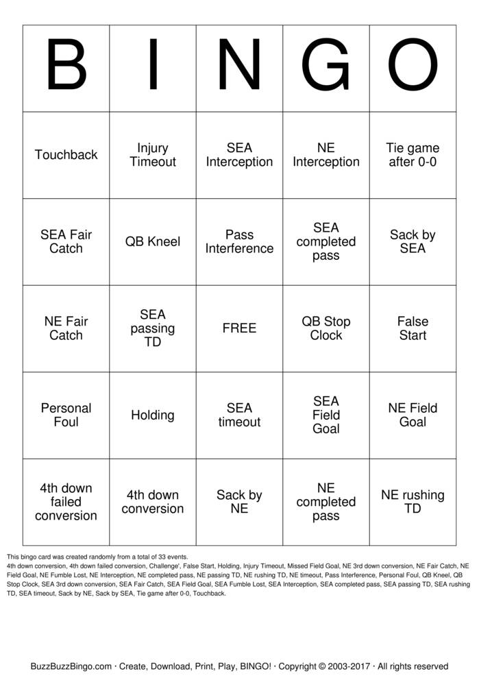 2015 Superbowl NE vs SEA Bingo Cards to Download, Print and Customize!