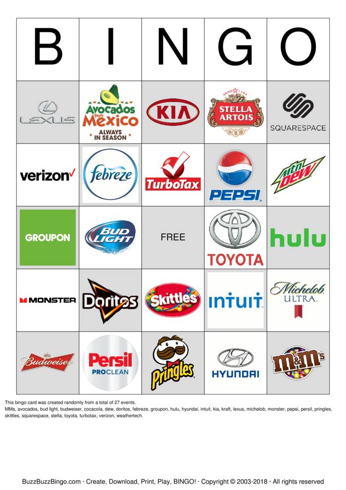 2018 Superbowl Commercial Logos Bingo Cards to Download, Print and ...