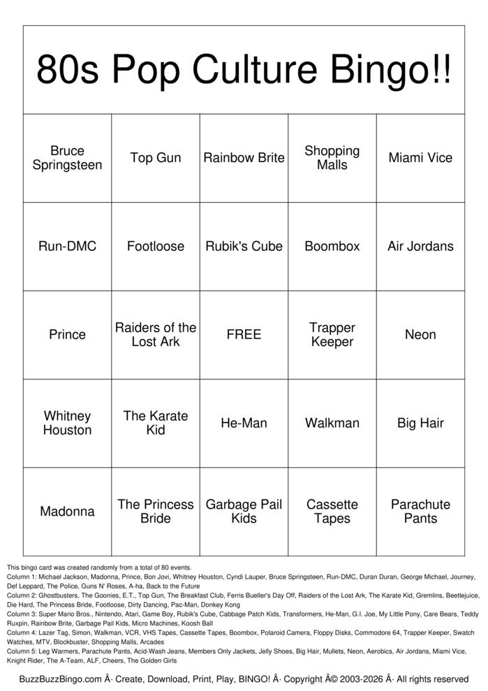 Download Free 80s Pop Culture Bingo!! Bingo Cards