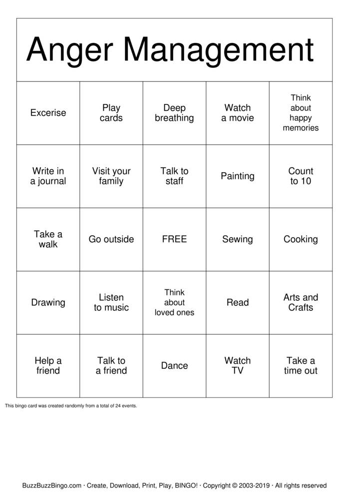 Anger Management Bingo Cards To Download Print And Customize 