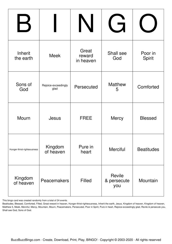 Download Free BEATITUDES Bingo Cards Download Free BEATITUDES Bingo Cards
