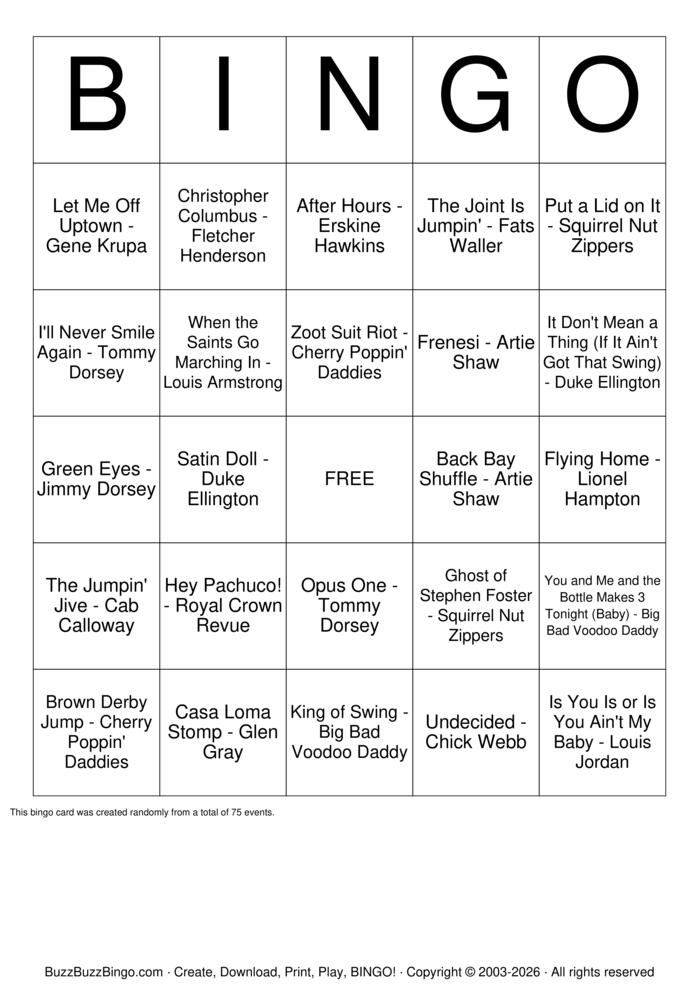Download Free Big Band & Swing Bingo Cards