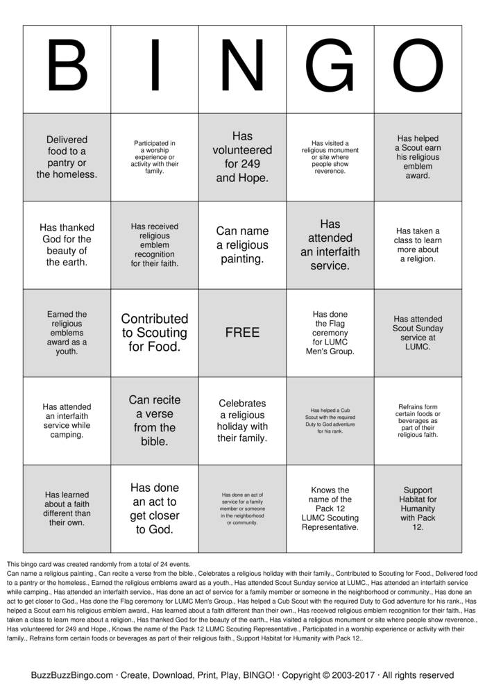 Download Free Cub Scouts Bingo Cards