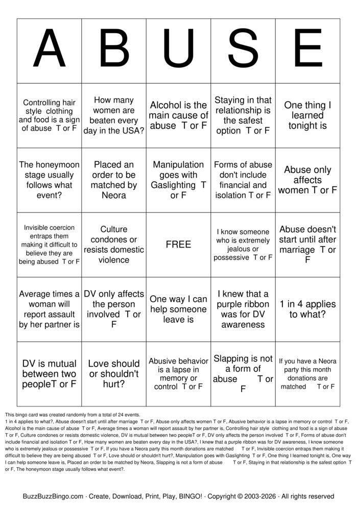 Download Free Domestic Violence Bingo Cards Download Free Domestic Violence Bingo Cards