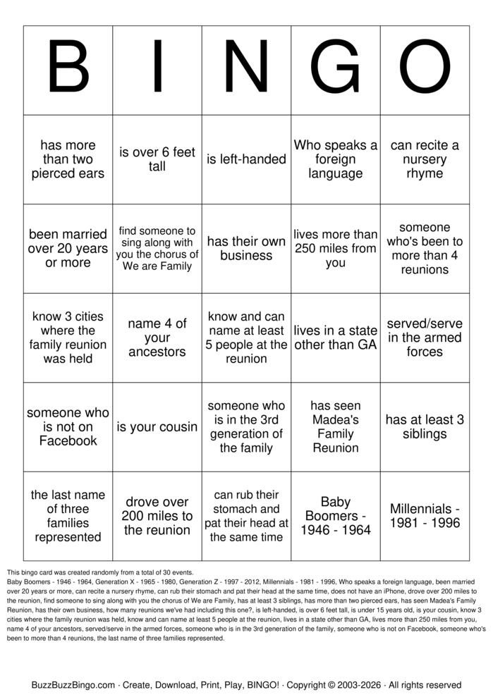 Download Free Family Reunion  Bingo Cards