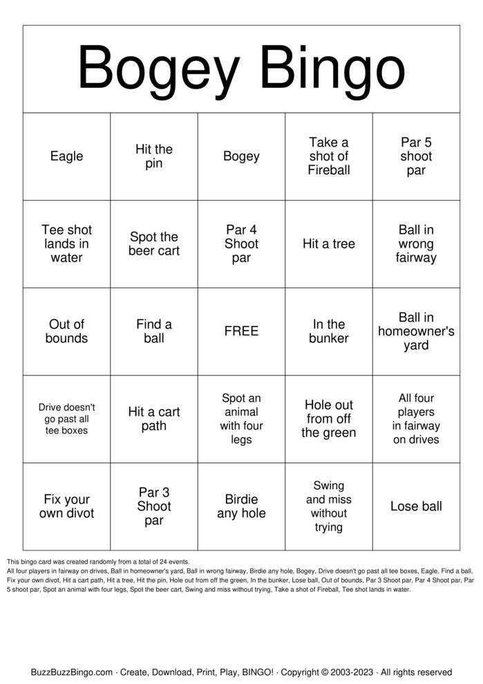 Download Free Golf Bingo Cards Download Free Golf Bingo Cards