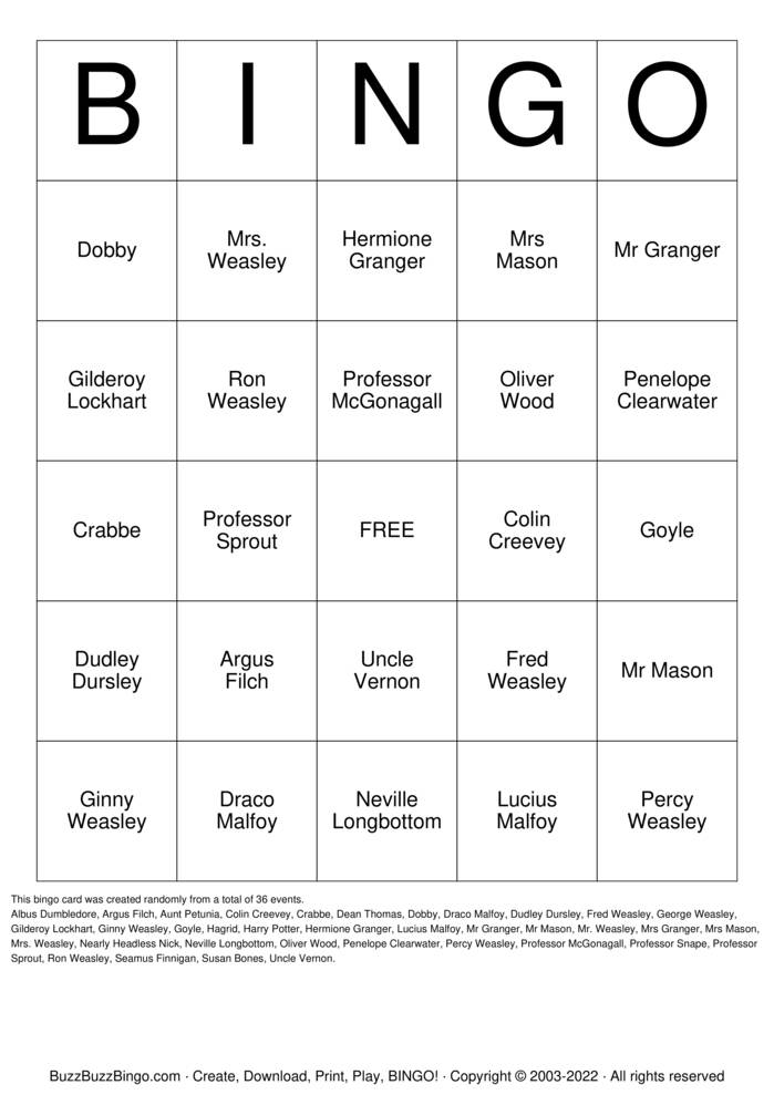 Download Free Harry Potter Characters Bingo Cards