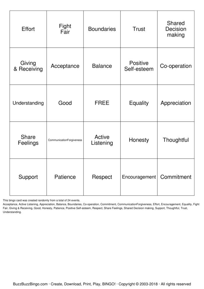 Healthy Relationships Bingo Cards to Download, Print and Customize!