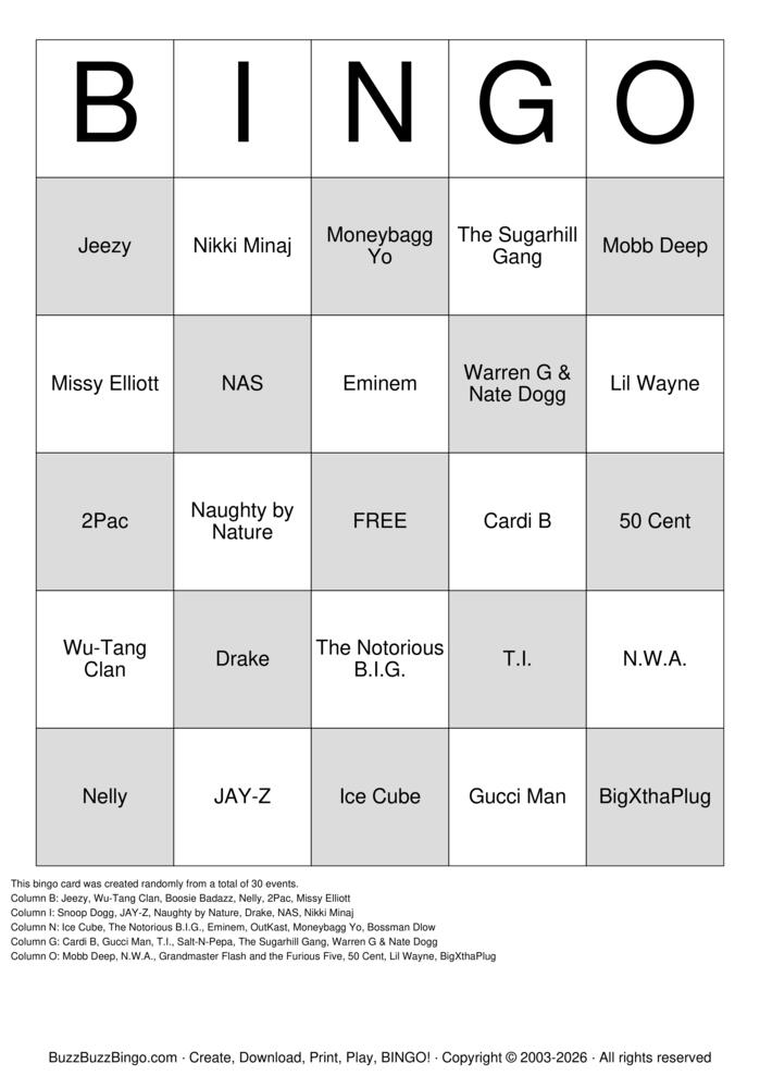 Download Free Hip-Hop Classics Bingo Cards