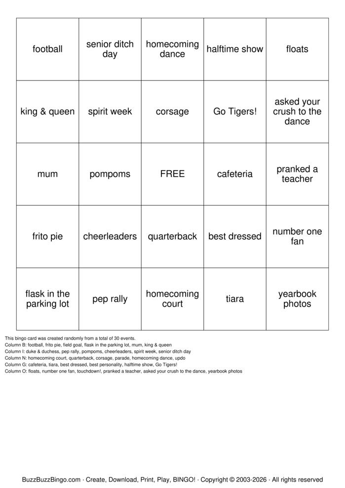 Download Free Homecoming Bingo Cards