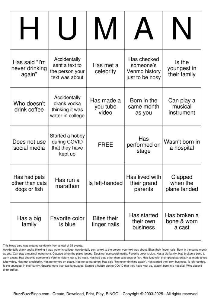 Download Free Human Bingo Cards