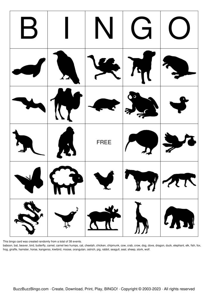 Download Free Images of Animals Bingo Cards