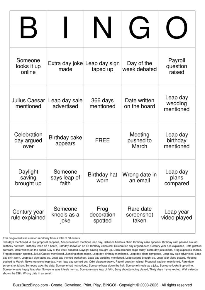 Download Free Leap Day Bingo Cards Download Free Leap Day Bingo Cards