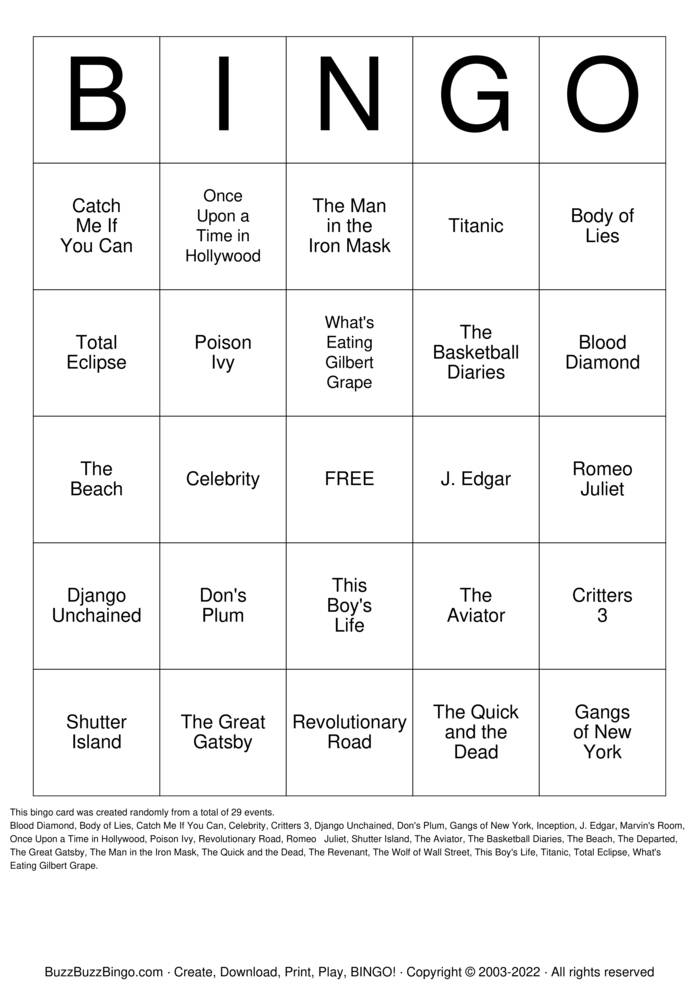 Download Free Leonardo DiCaprio Movies Bingo Cards