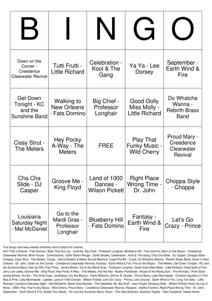 Download Free Mardi Gras Party Songs Bingo Cards