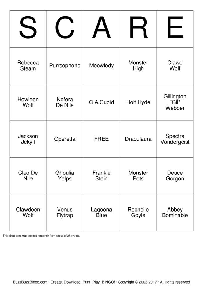 Monster High Bingo Cards to Download, Print and Customize!