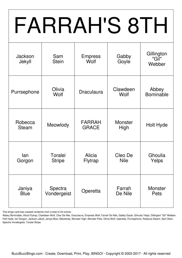 Monster High Bingo Cards to Download, Print and Customize!