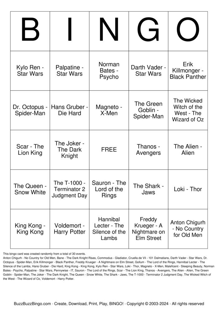 Download Free Movie Villains Bingo Cards