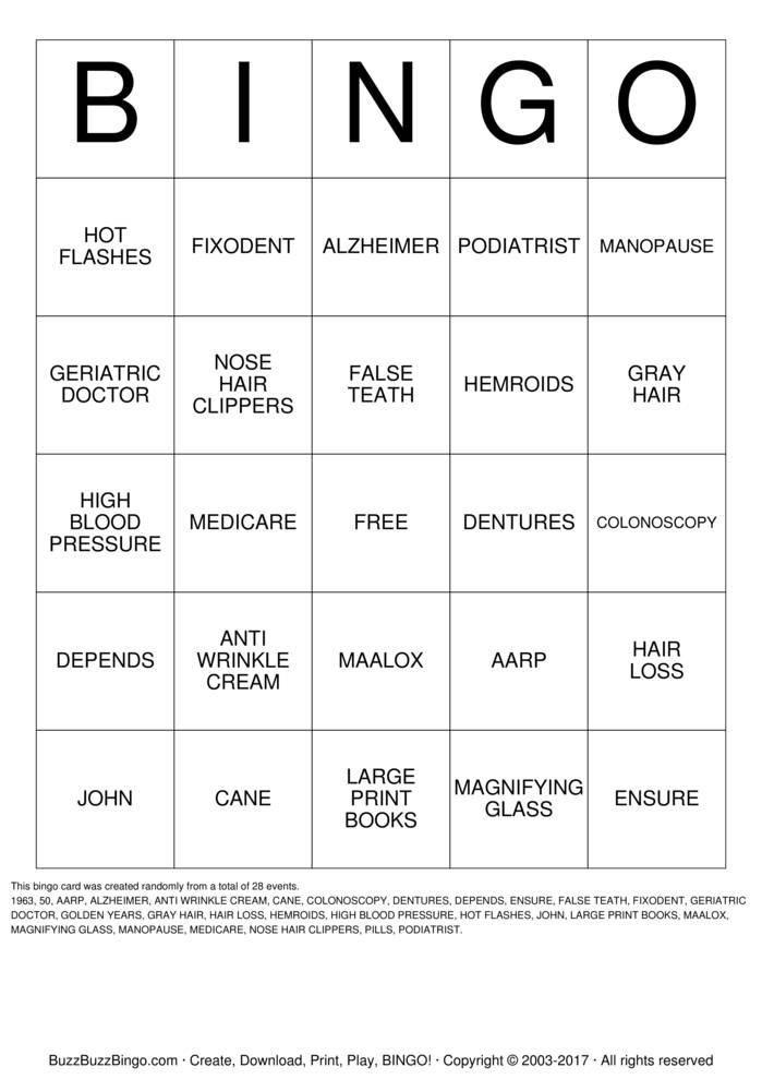 OVER THE HILL Bingo Cards to Download, Print and Customize!