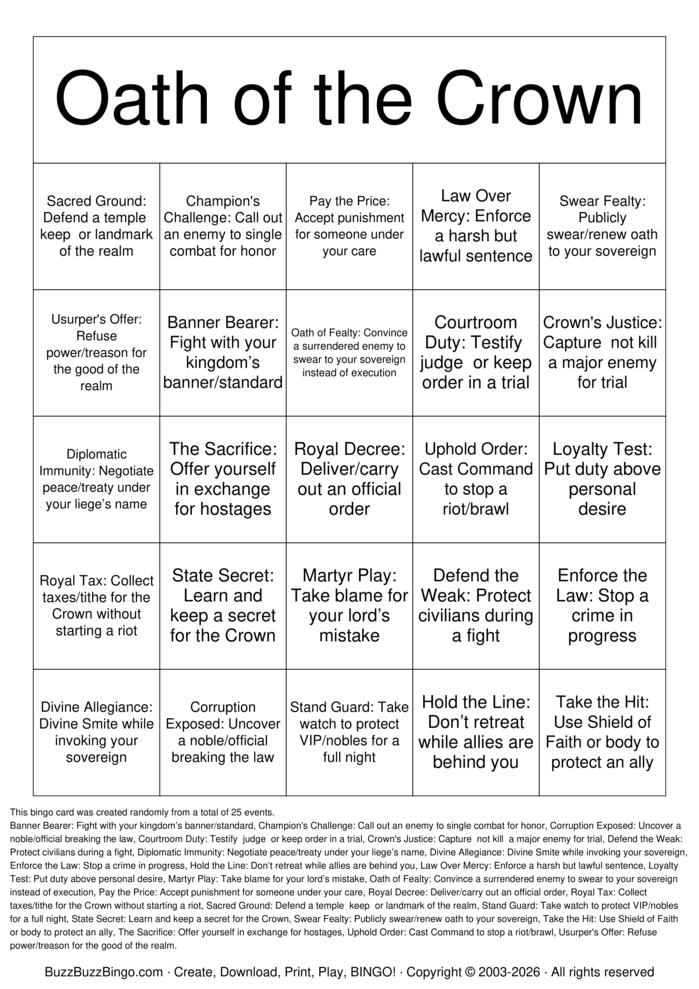 Download Free Oath of the Crown Bingo Cards