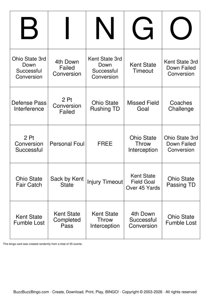 Download Free Ohio State vs Kent State Bingo Cards