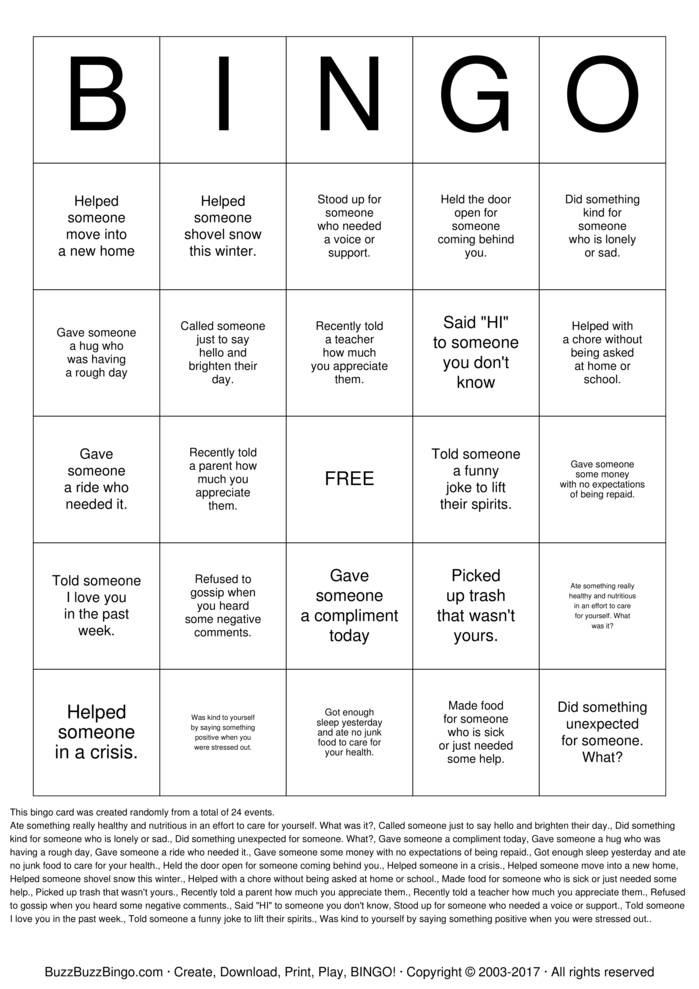 Download Free Random Acts of Kindness Bingo Bingo Cards