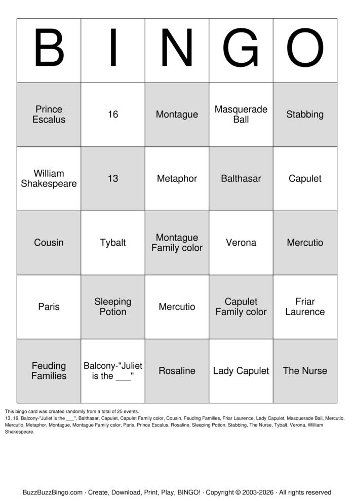 Download Free Romeo and Juliet Bingo Cards