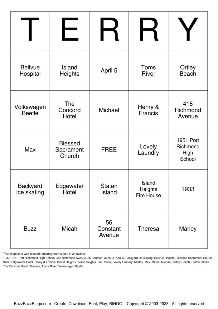 Download Free TERRY 90th Birthday Bingo Cards Download Free TERRY 90th Birthday Bingo Cards