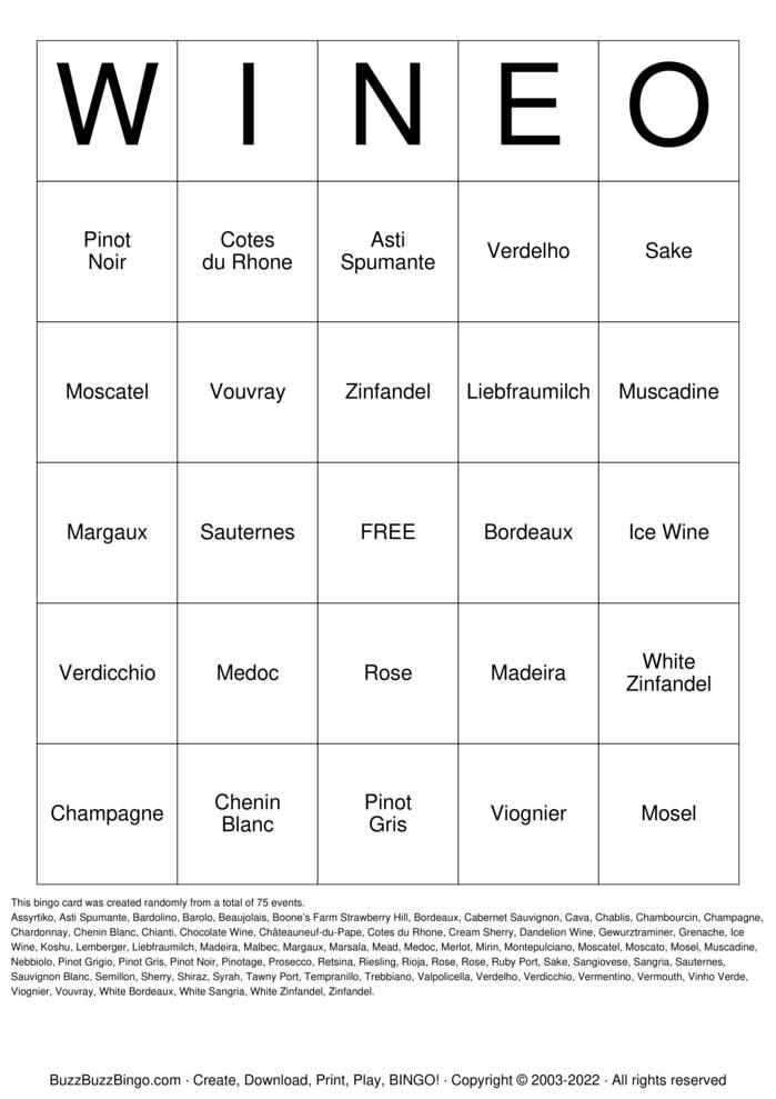 Download Free Types of Wine Bingo Cards