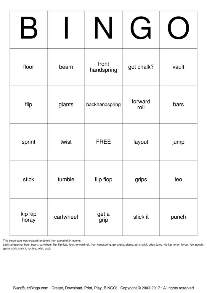 Download Free gymnastics Bingo Cards Download Free gymnastics Bingo Cards