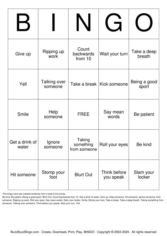 self-control Bingo Cards to Download, Print and Customize!