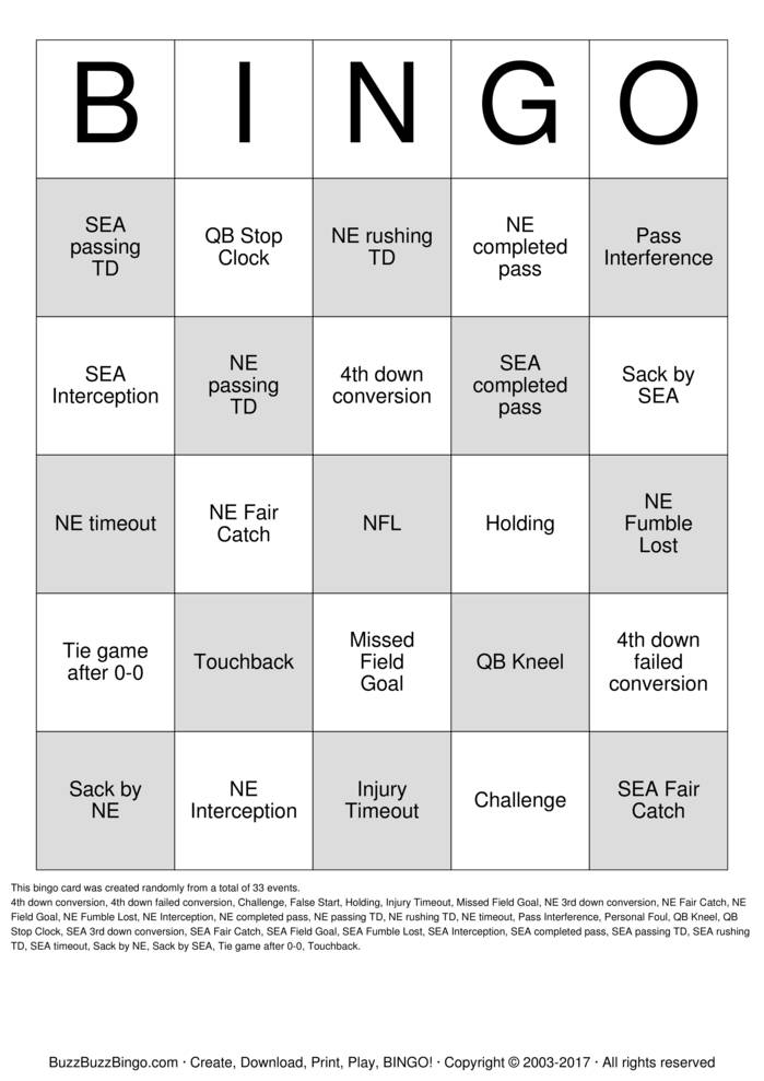 2015 Superbowl NE vs SEA Bingo Cards to Download, Print and Customize!