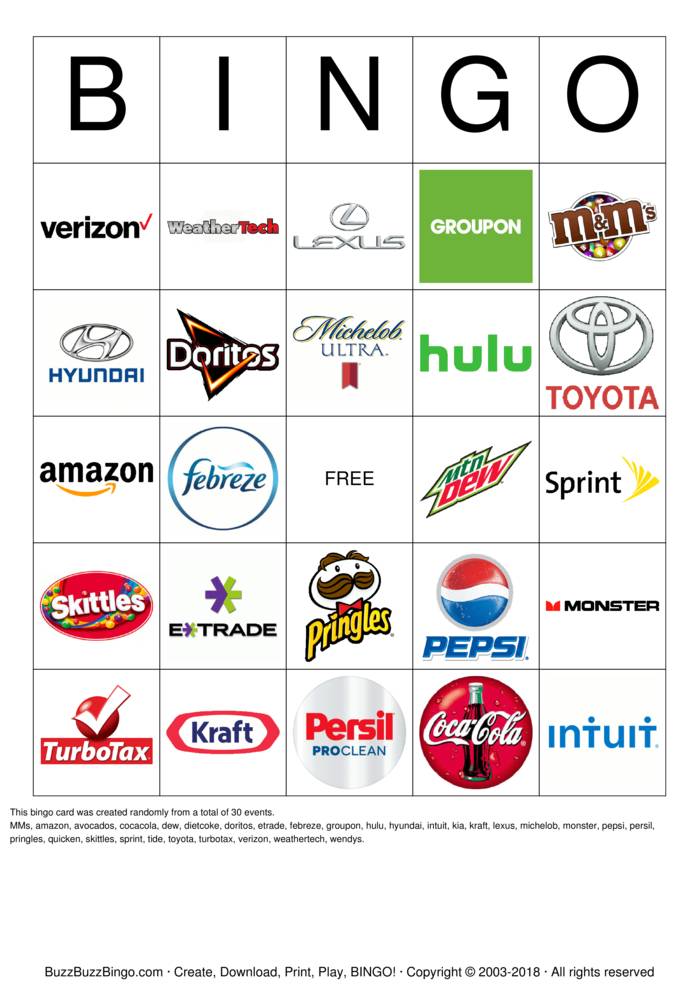 2018 Superbowl Commercial Logos Bingo Cards to Download, Print and ...